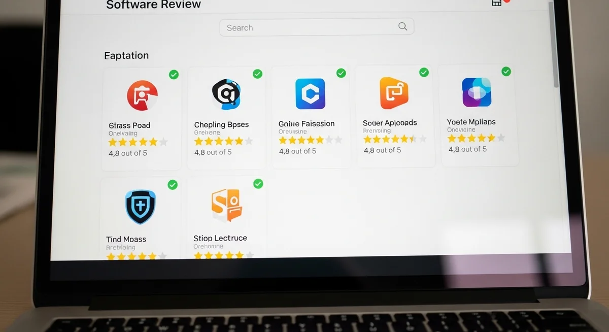 Software review and rating interface showing verified reviews and ratings