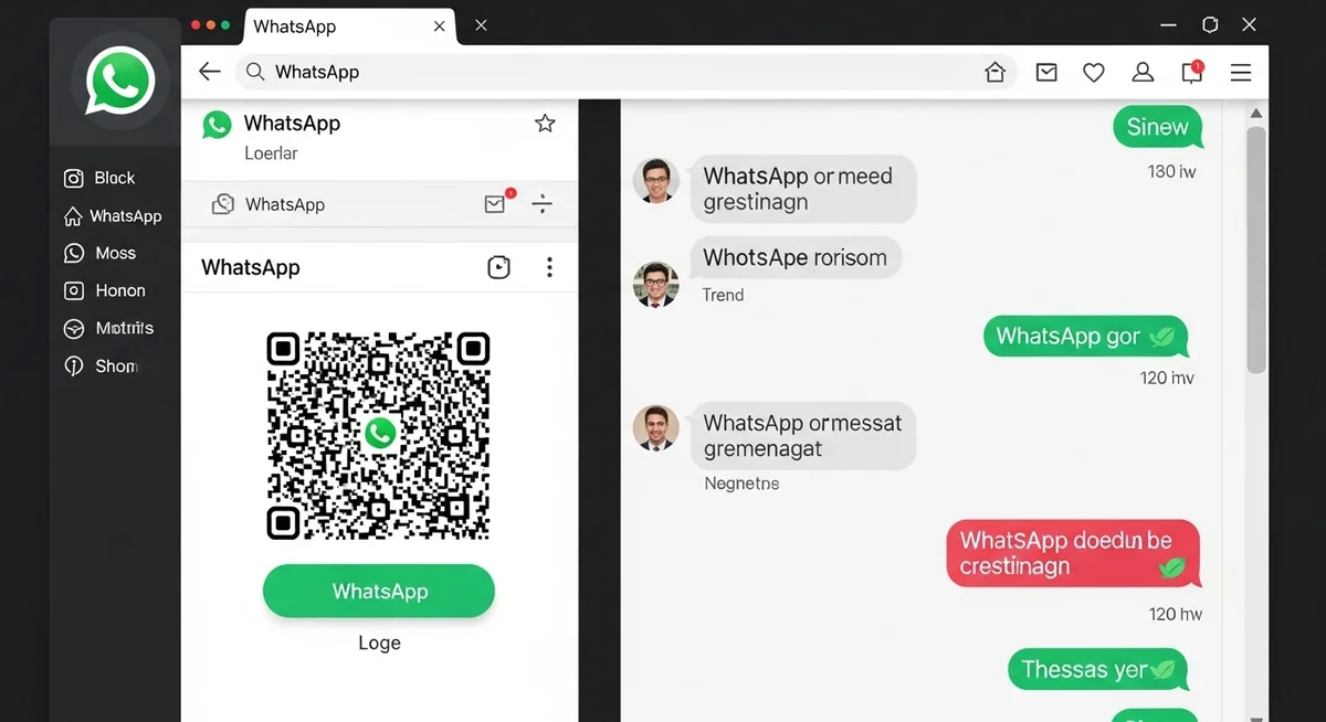 WhatsApp Web login with QR code scanning, desktop interface, and Linked Devices settings displayed.