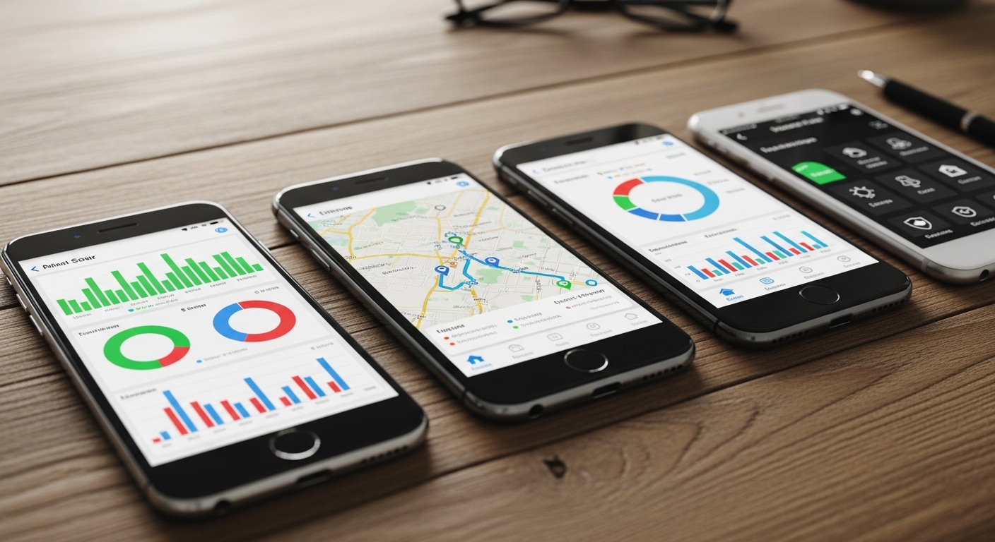 Several smartphones on wooden desk showing different dashboard interfaces
