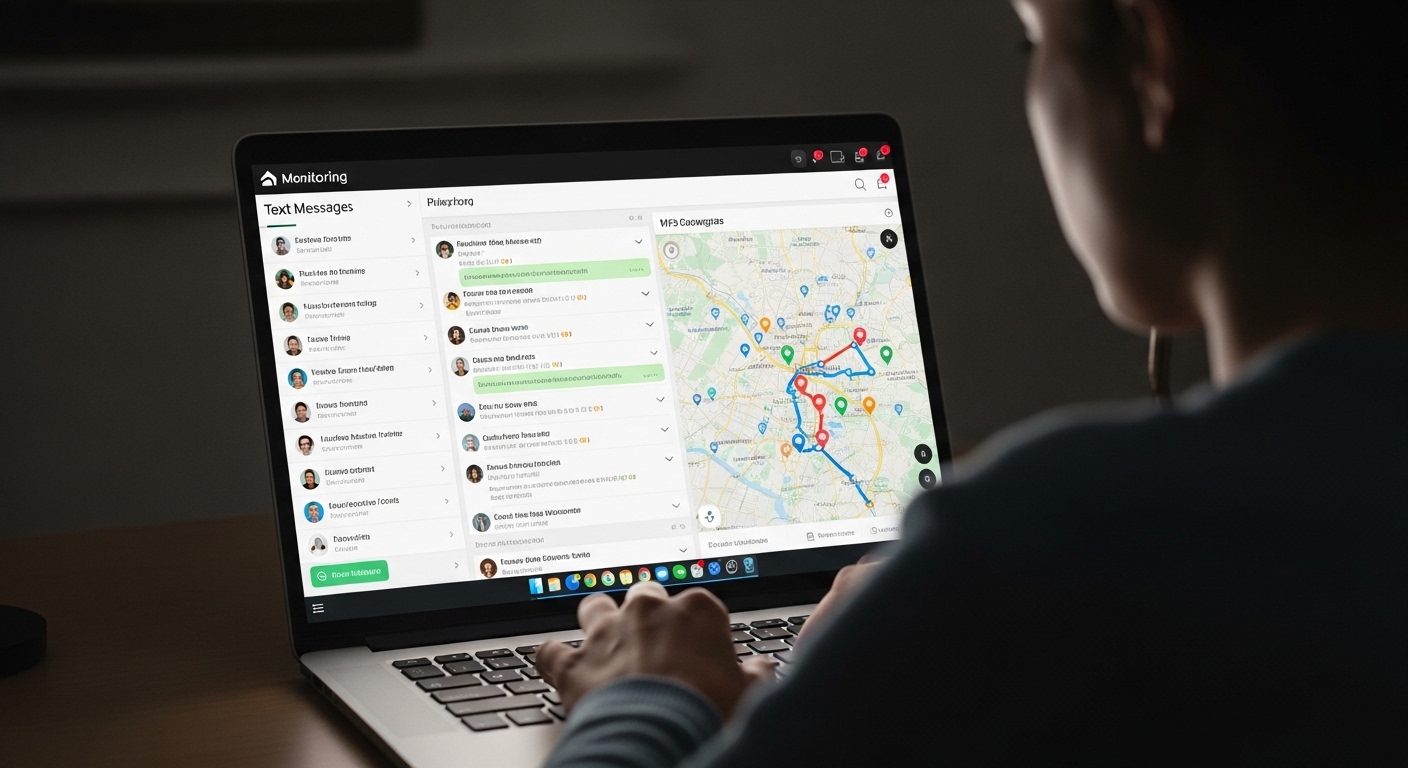 Person viewing monitoring dashboard on laptop showing text message logs and GPS map