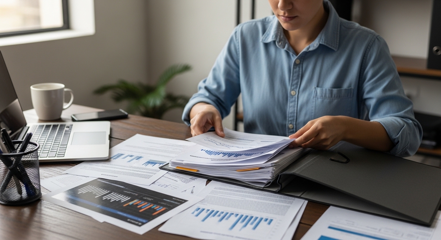 Person sitting at desk organizing printed documents and screenshots into a folder
