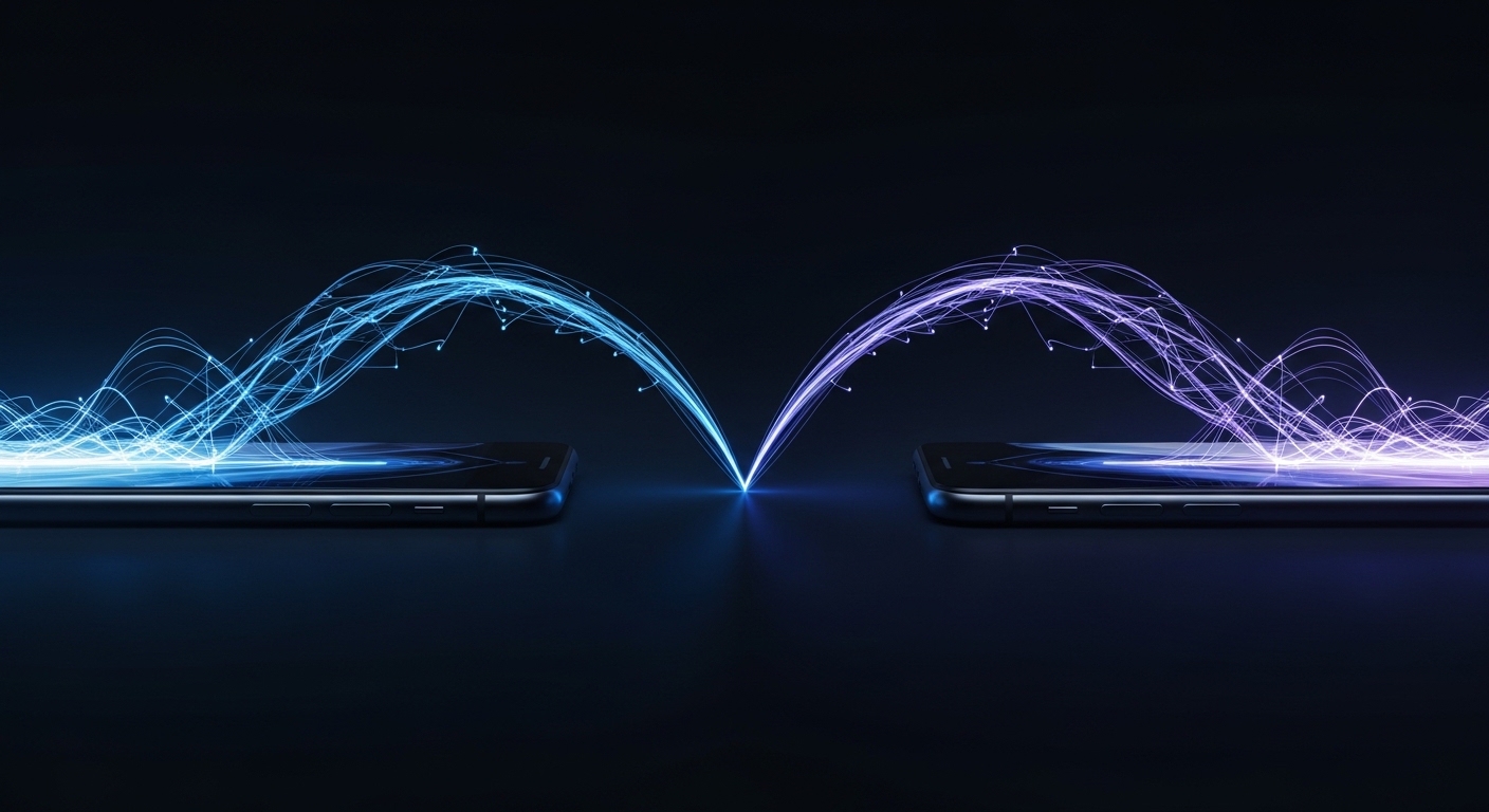 Split-screen view of two smartphones with data flowing between them