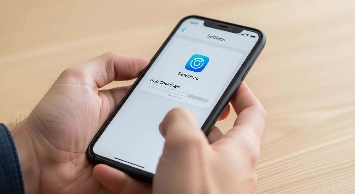 Hands holding a smartphone downloading an application from settings screen