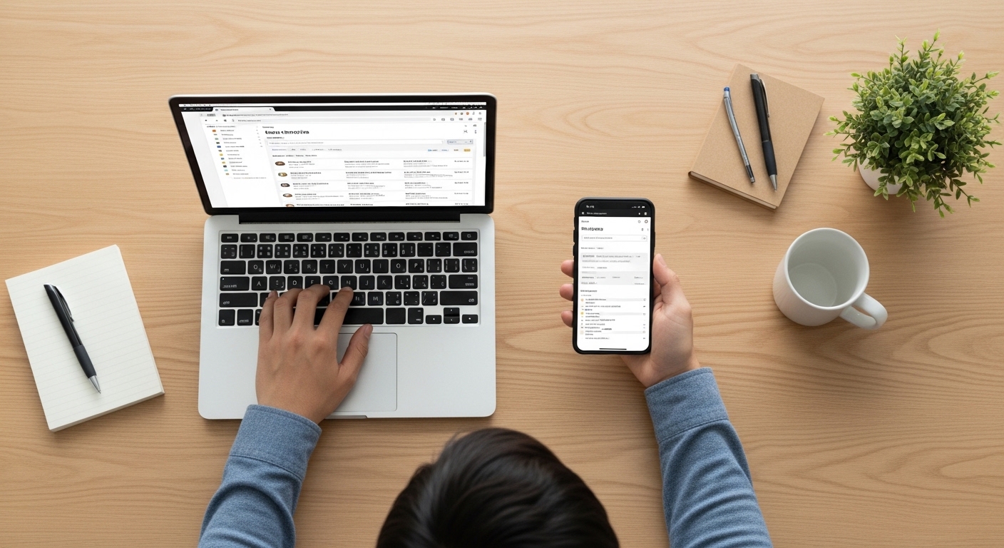 Person using laptop and smartphone to search caller information