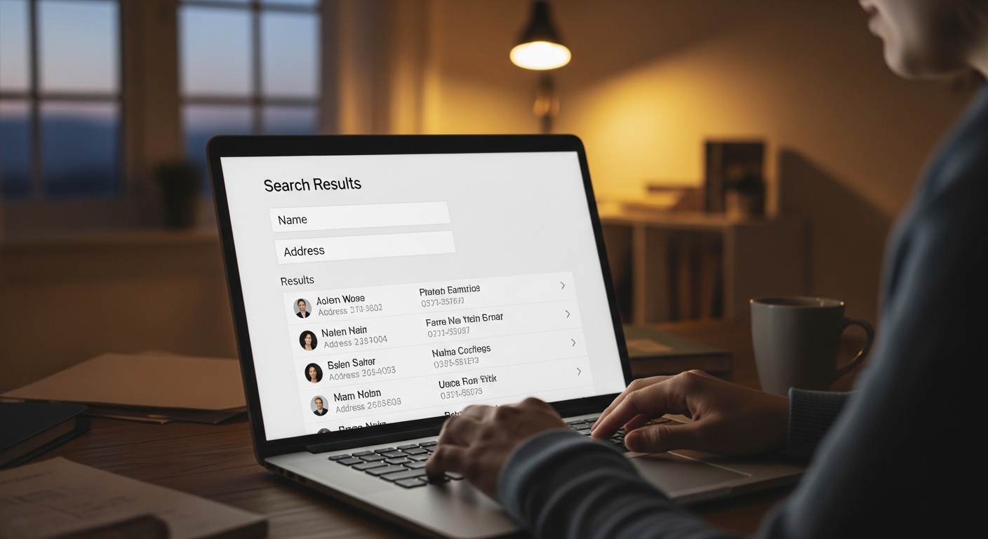 Laptop displaying people search results with name and address fields