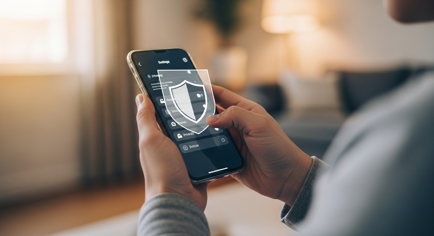 Person adjusting privacy settings on smartphone with shield icon