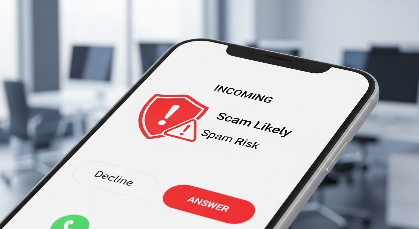 Smartphone showing incoming call marked as spam with warning