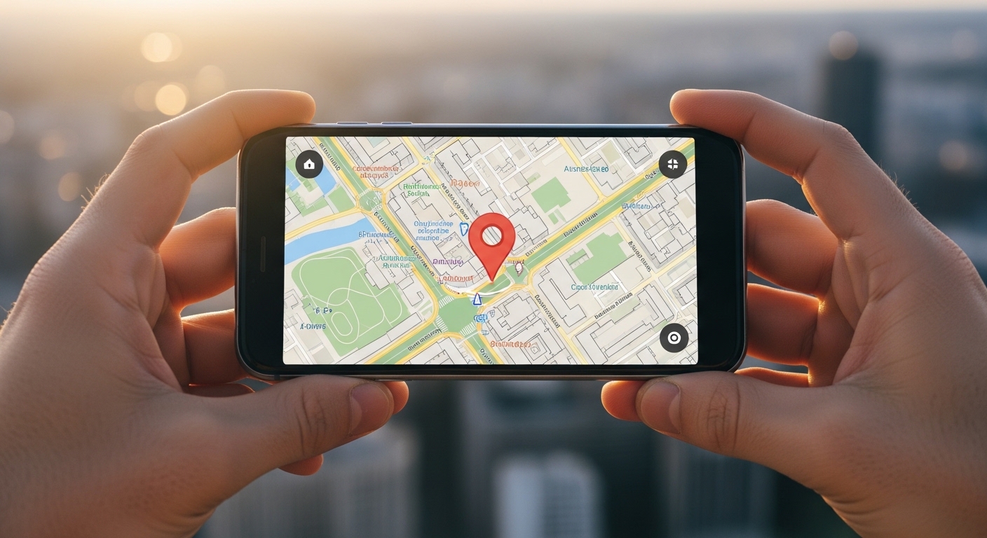Smartphone displaying map with location pin on city view