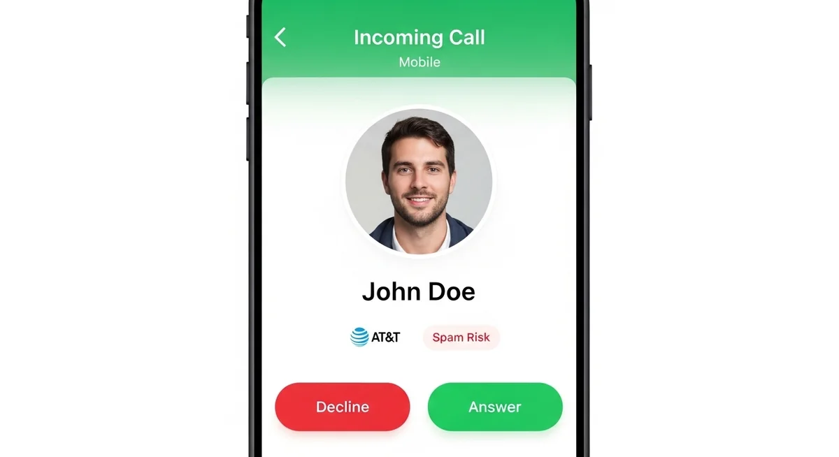 Mobile caller ID app showing carrier name, spam detection, network type