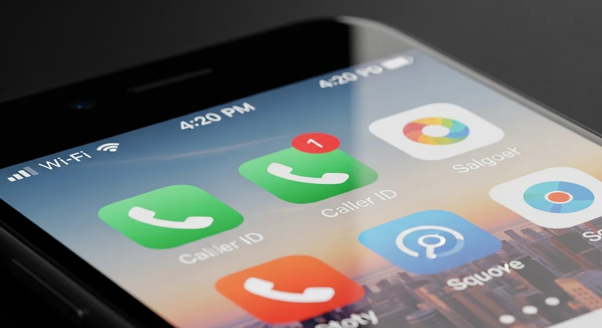 Smartphone home screen featuring caller identification app icons with notifications
