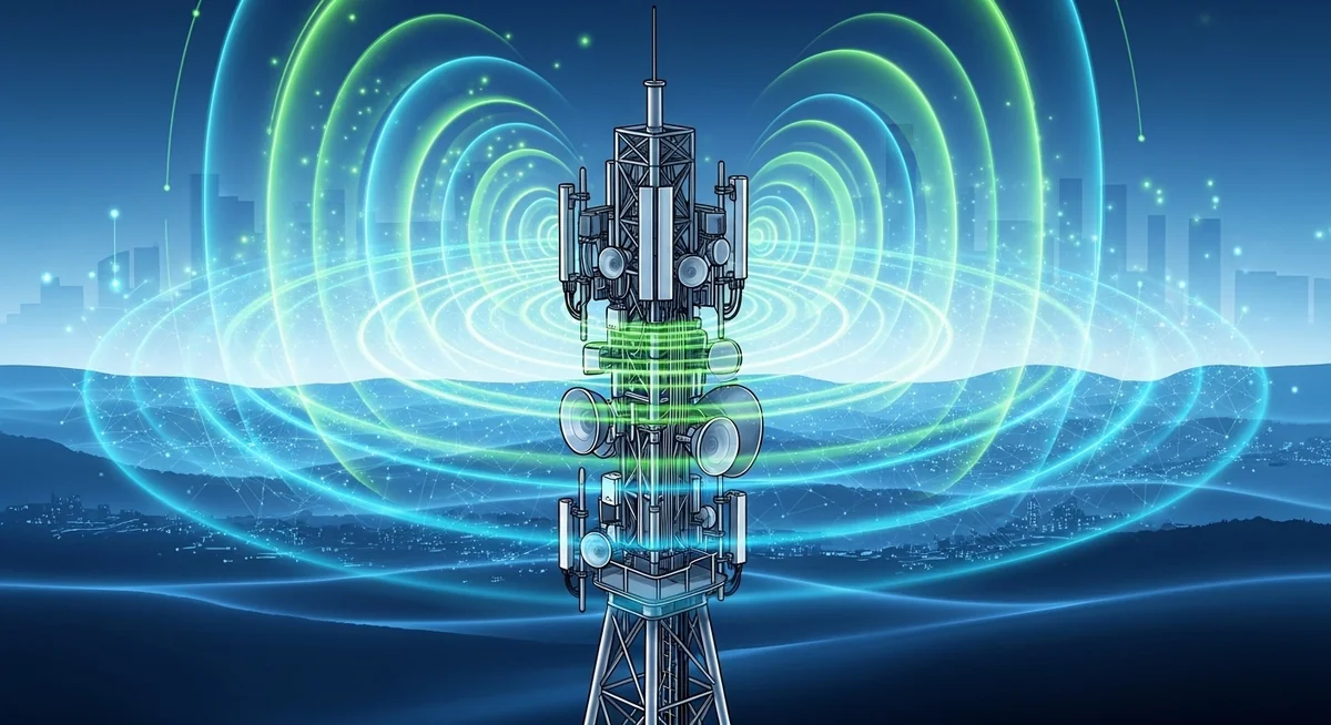 Cellular radio towers showing network signal interception visualization and threats