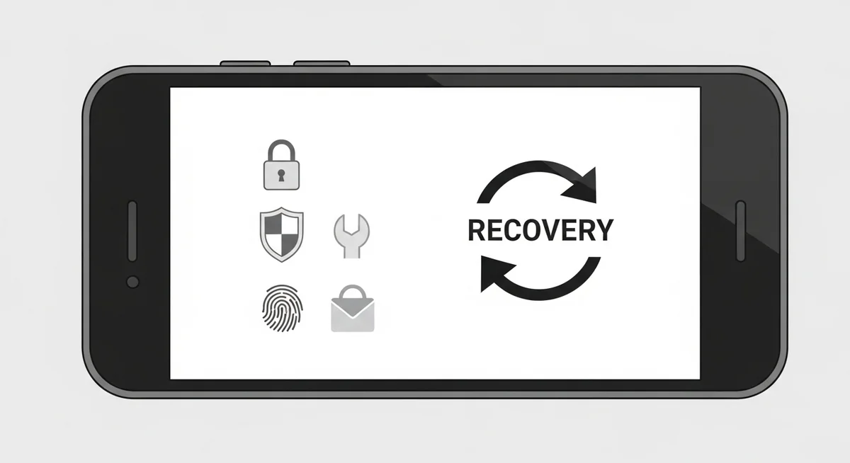 Device recovery process showing factory reset and security steps with warnings