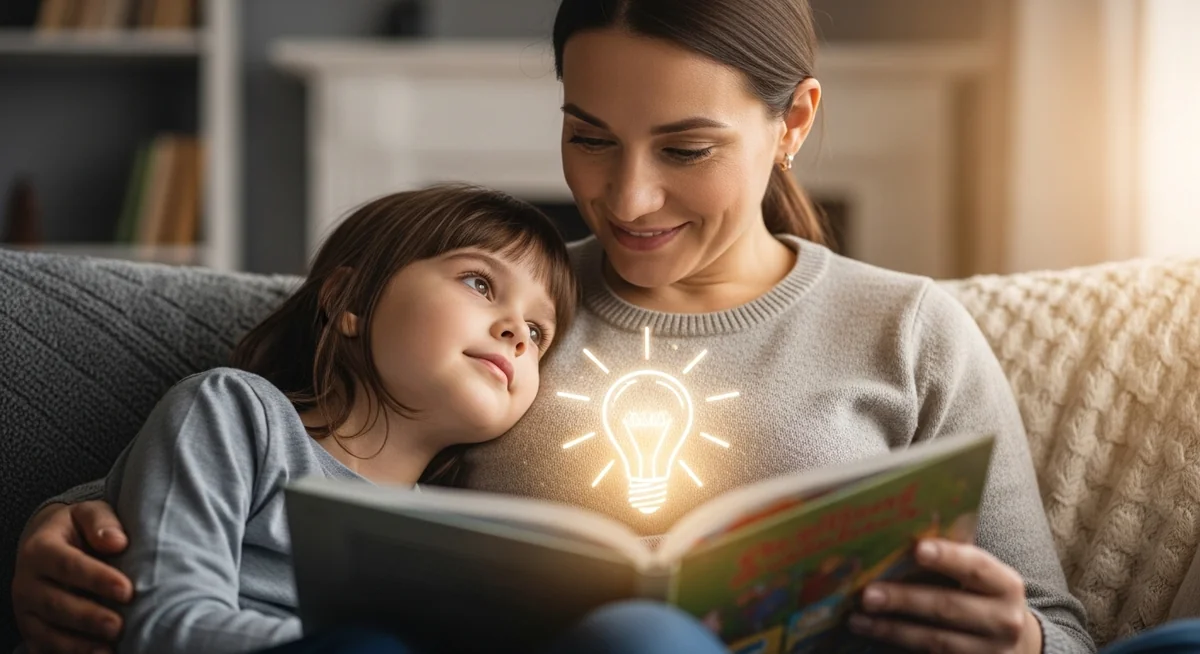 Parent and child discussing digital literacy with educational books and materials