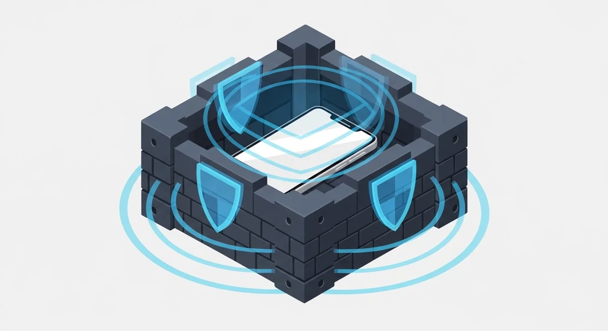 Smartphone surrounded by multiple security layers and protective shield barriers