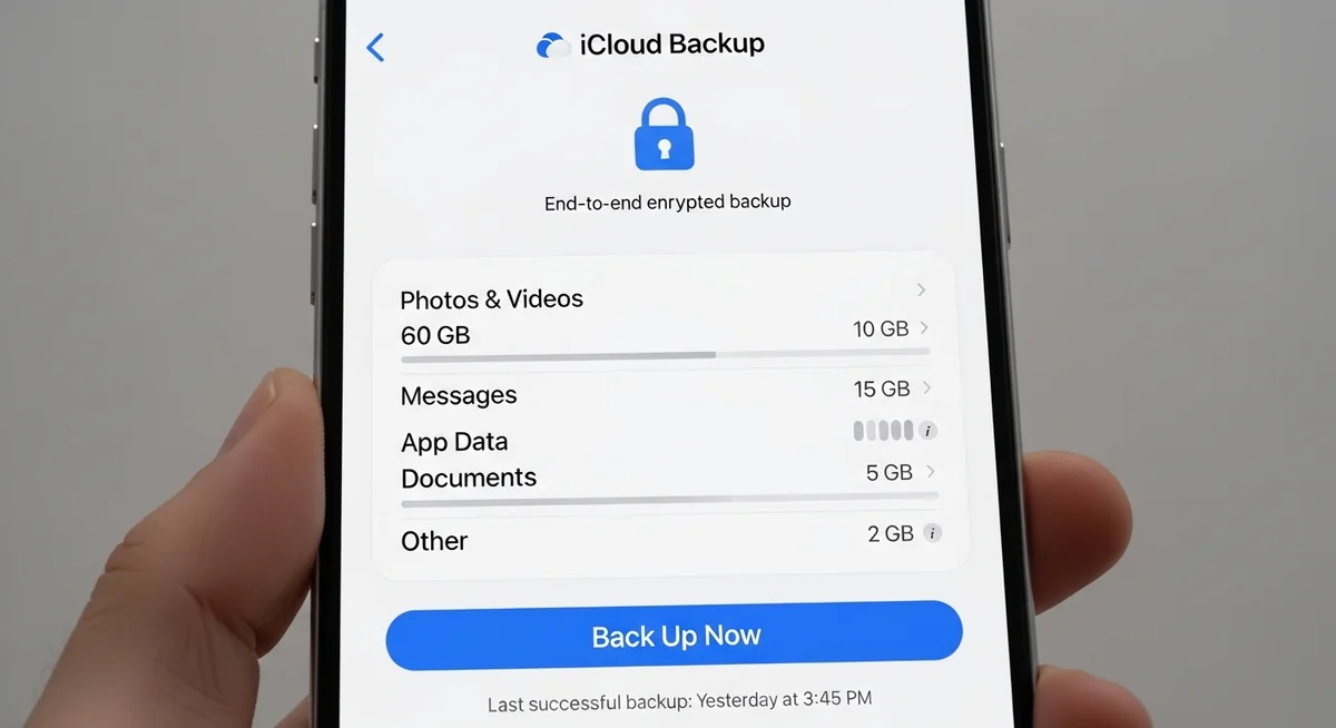 iCloud backup dashboard displaying messages, photos, contacts, calendar with security lock