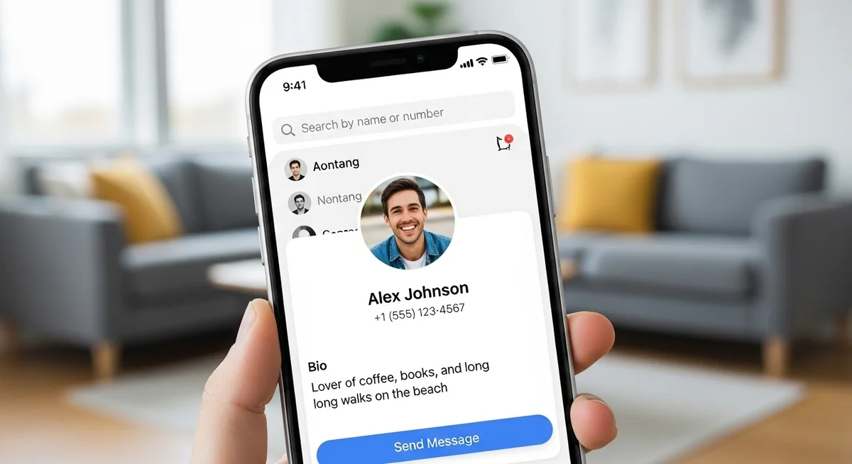 Messaging apps with phone number search interface and user profile cards
