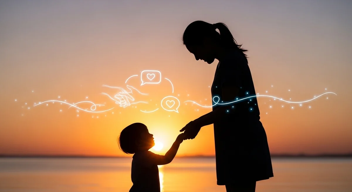 Parent and child separated by trust bridge showing transparent communication