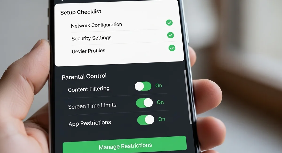 iOS and Android parental control setup interfaces with configuration options