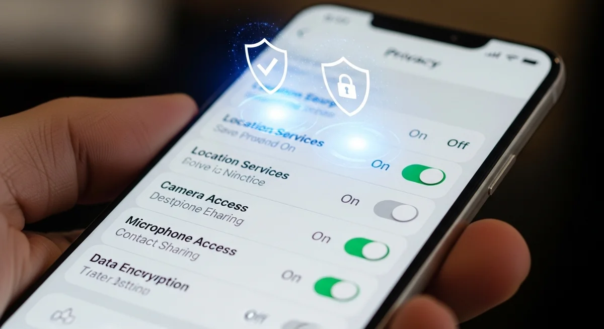 Person configuring privacy settings on smartphone with shield and lock symbols