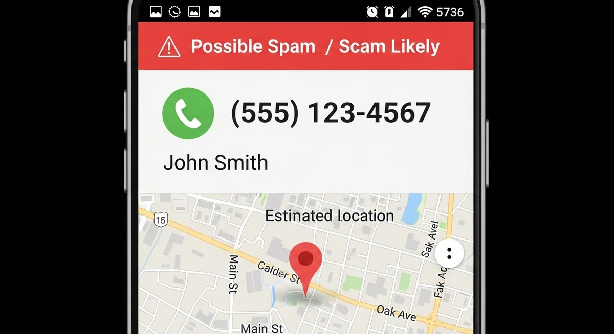 Reverse phone lookup service interface displaying name, location, call history information