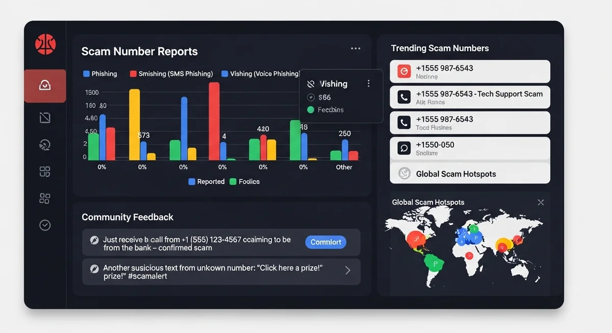Dashboard displaying user-reported scam numbers with timestamps and community comments