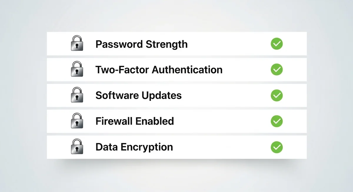 Device, account, and app security checklist with biometric locks and encryption
