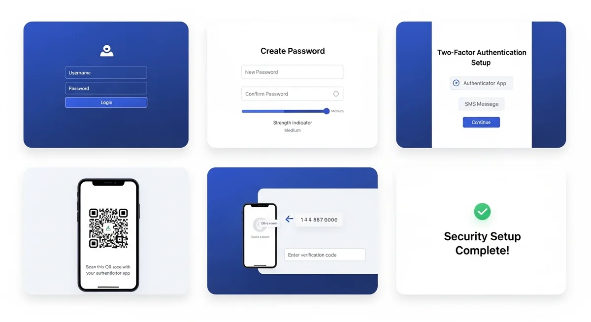 Security configuration guide with strong passwords, two-factor authentication, privacy settings