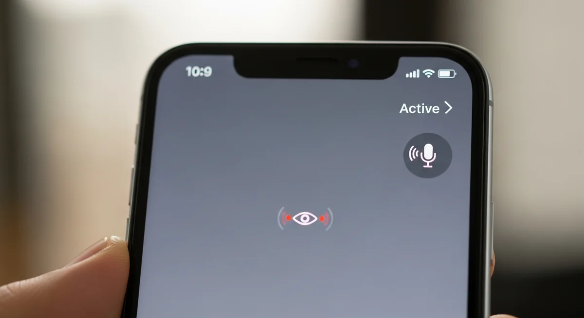 Smartphone with microphone activation icon and covert surveillance threat symbol