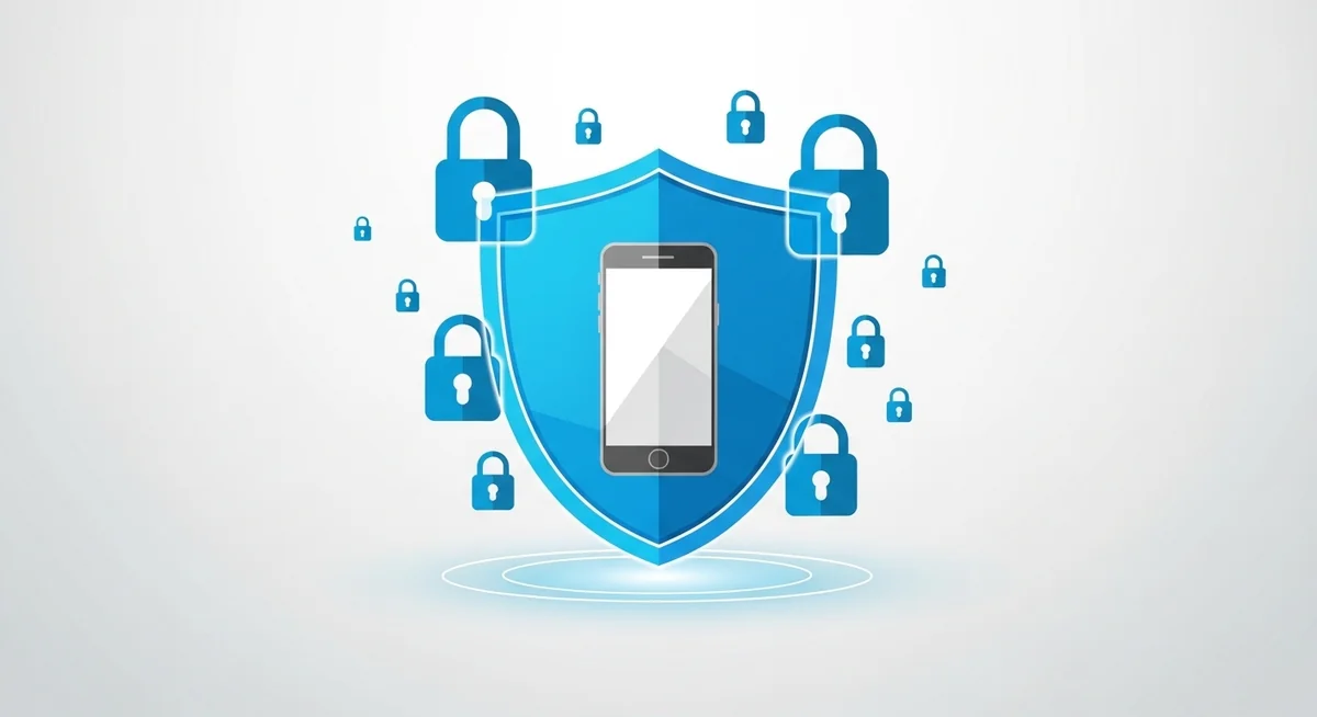 Smartphone protected by multiple security layers and protective shield symbols