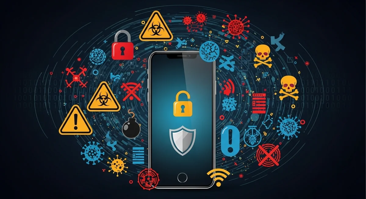 Smartphone displaying spyware and malicious app threat symbols and warnings