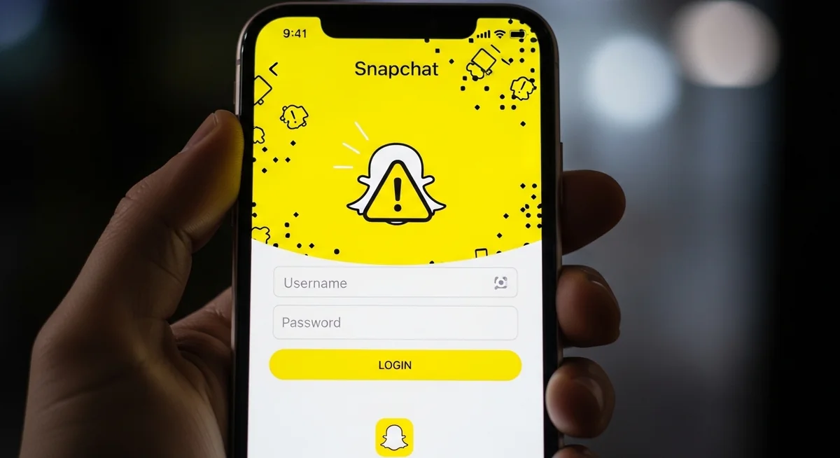 Suspicious third-party Snapchat app with warning symbols and credential entry