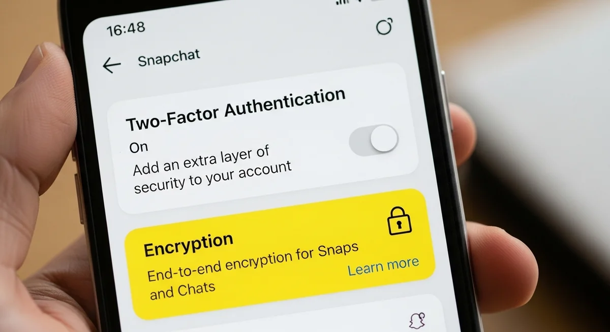 Snapchat security dashboard with two-factor authentication, encryption, login notifications