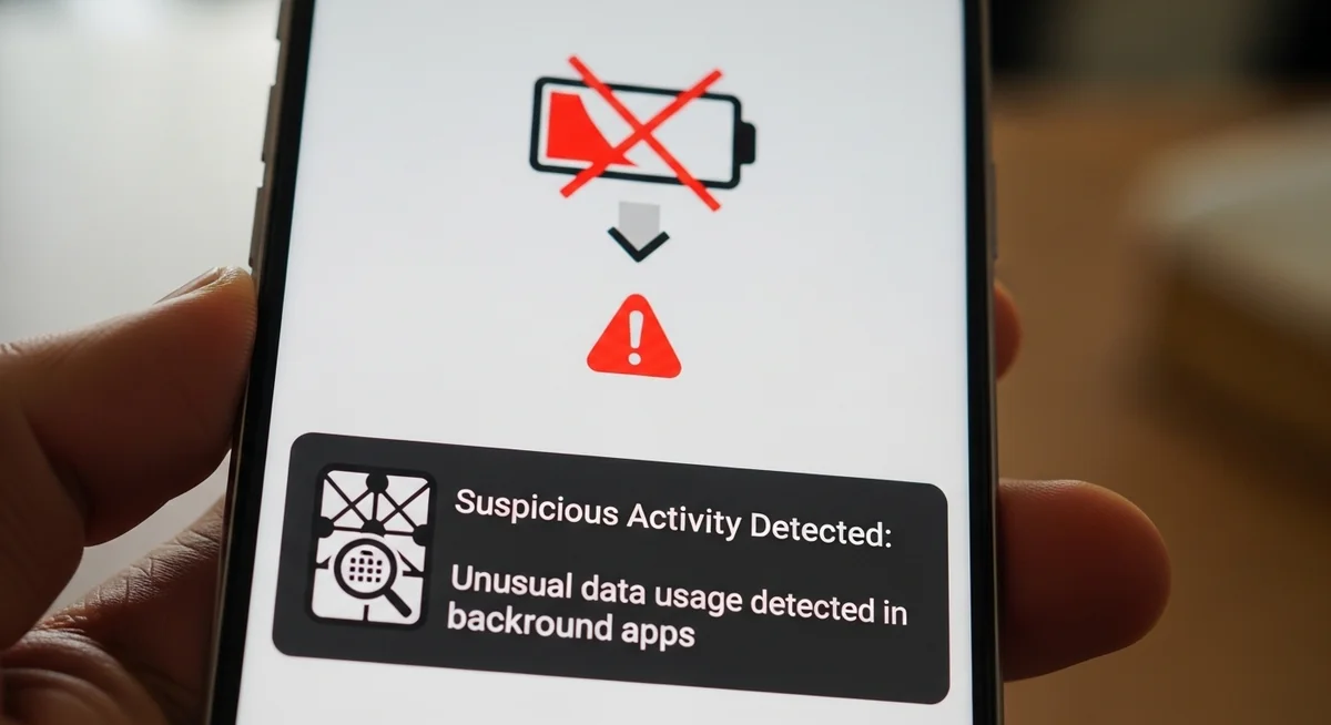 Smartphone screen displaying battery drain, data usage, heat, unfamiliar apps warnings