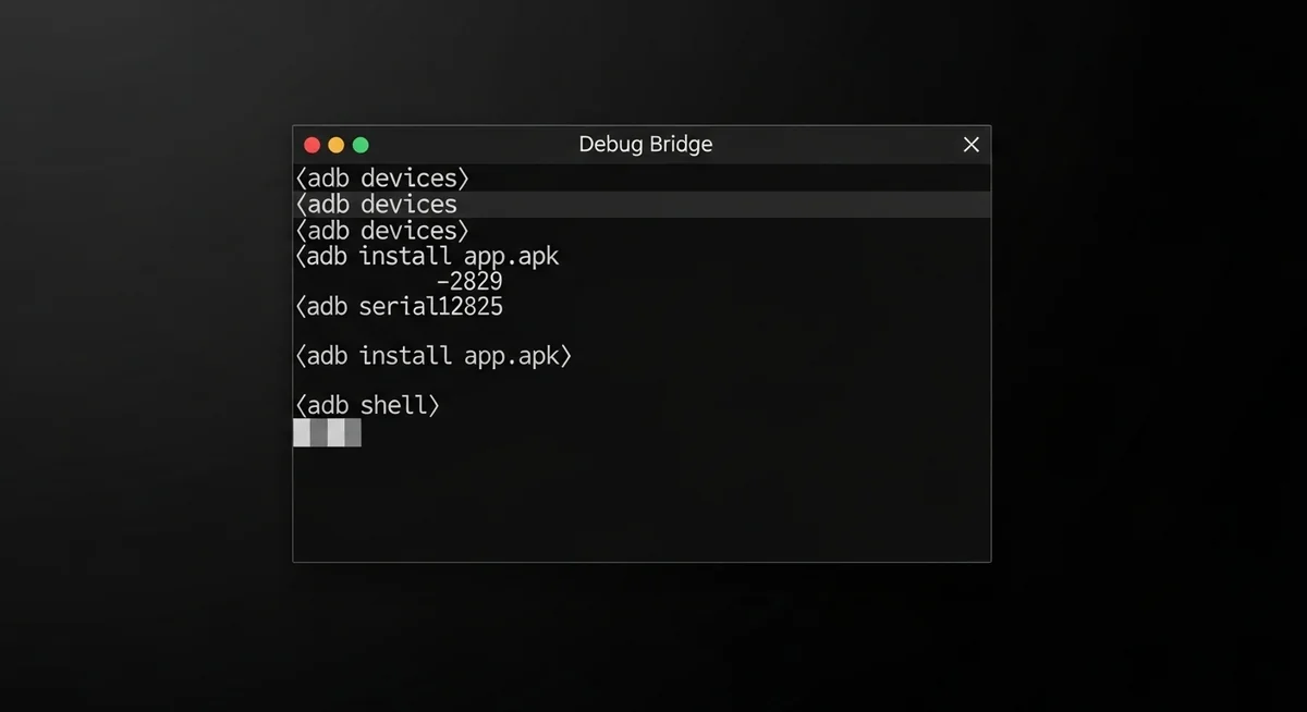 Black terminal window showing Android Debug Bridge commands for device management.