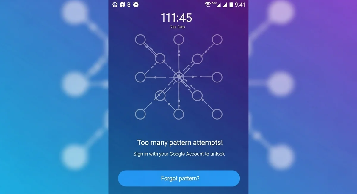 Android lock screen with failed pattern entry and Google account sign-in option.