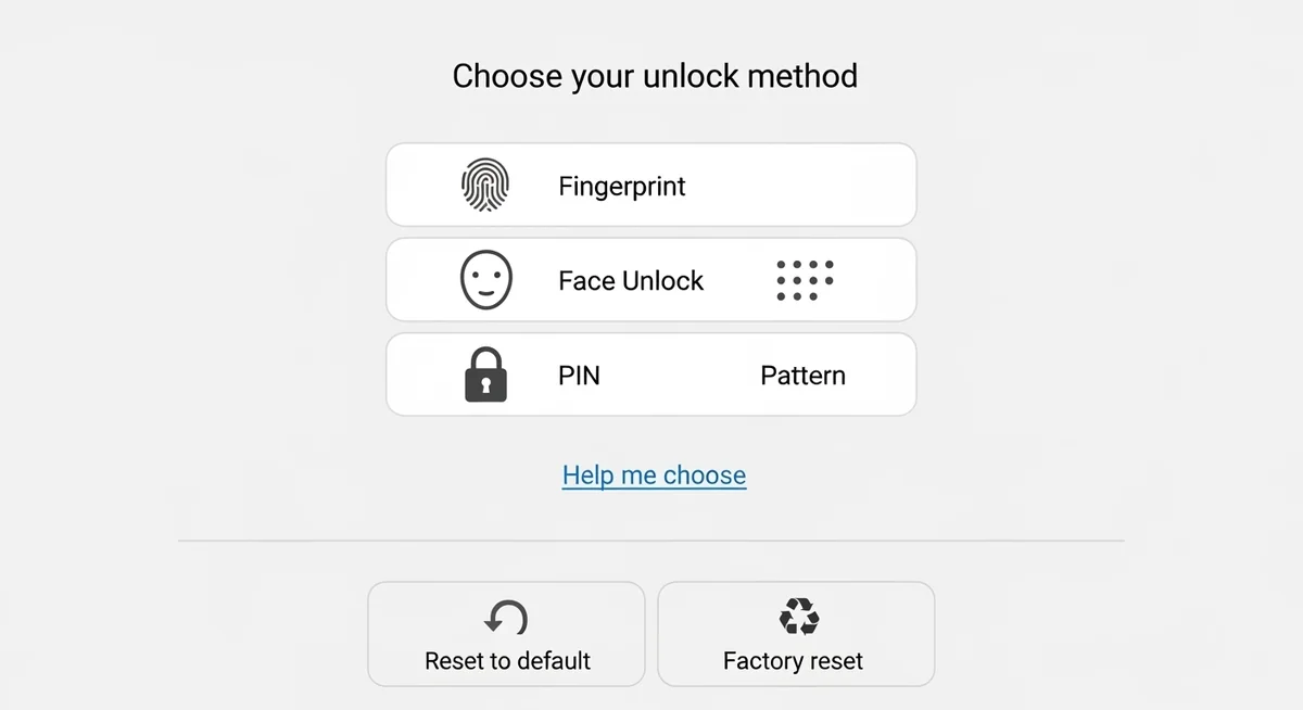 Android smartphone showing various unlock options including Google account and factory reset.