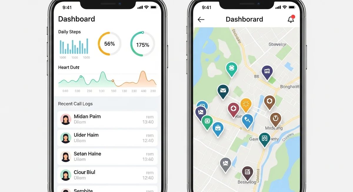 Mobile app dashboard displaying location tracking, call logs, and real-time activity data.