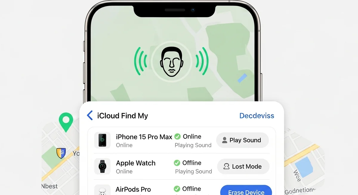 iPhone lock screen with Face ID sensor and iCloud Find My interface.