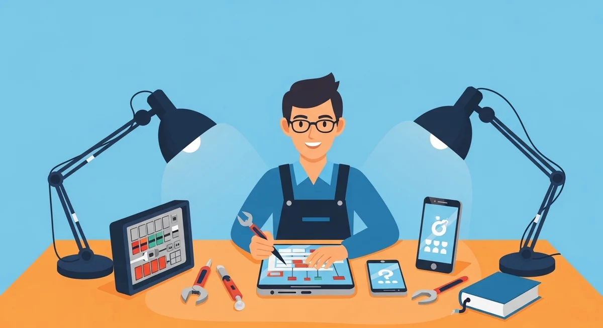 Professional repair technician at workstation with unlocking tools and multiple phone models.