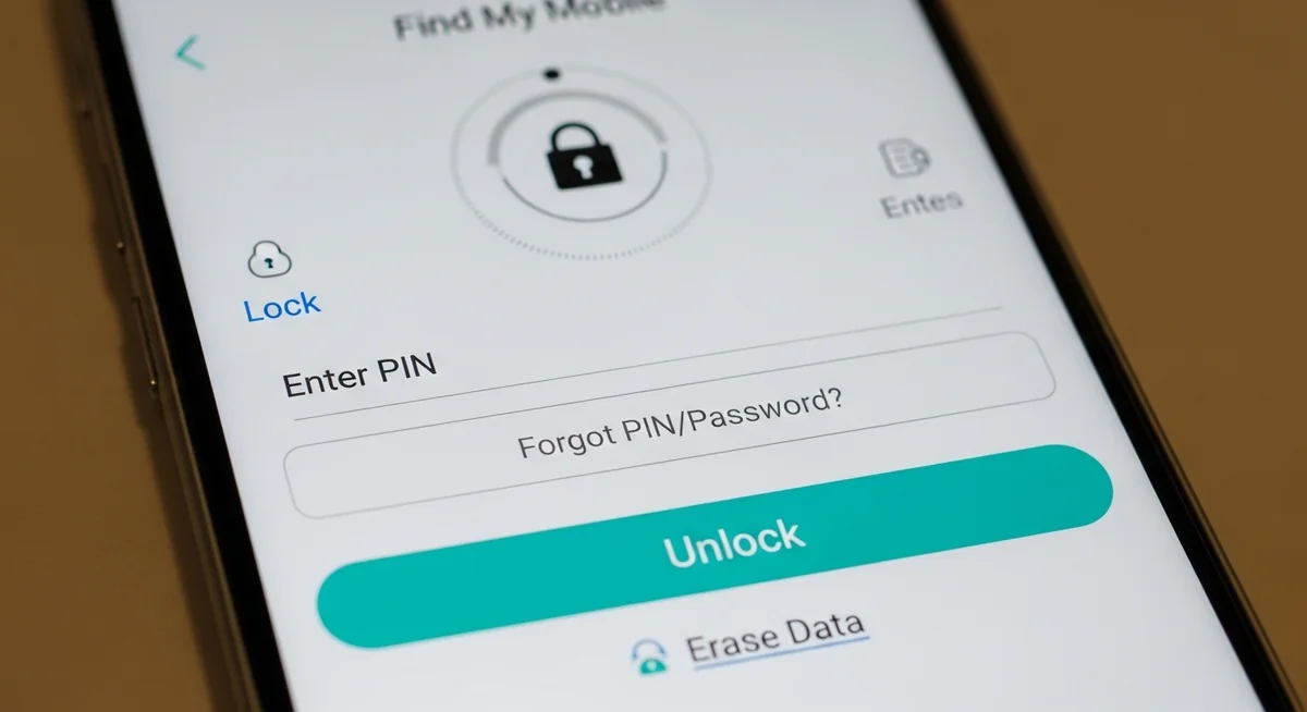 Samsung Find My Mobile interface with registered devices and unlock control options.