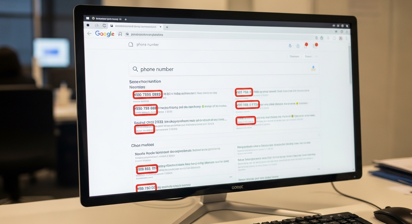 Google search page displayed on monitor with phone number results visible