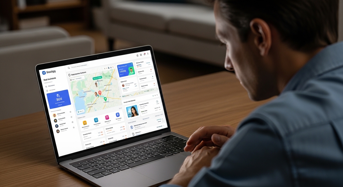 parent looking at parental control dashboard on laptop screen showing location map
