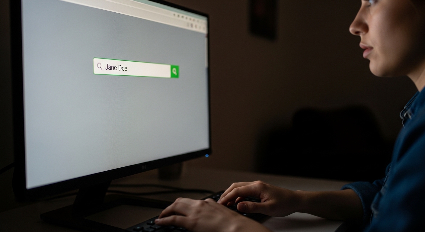 person typing a name into search bar on computer screen in dimly lit room