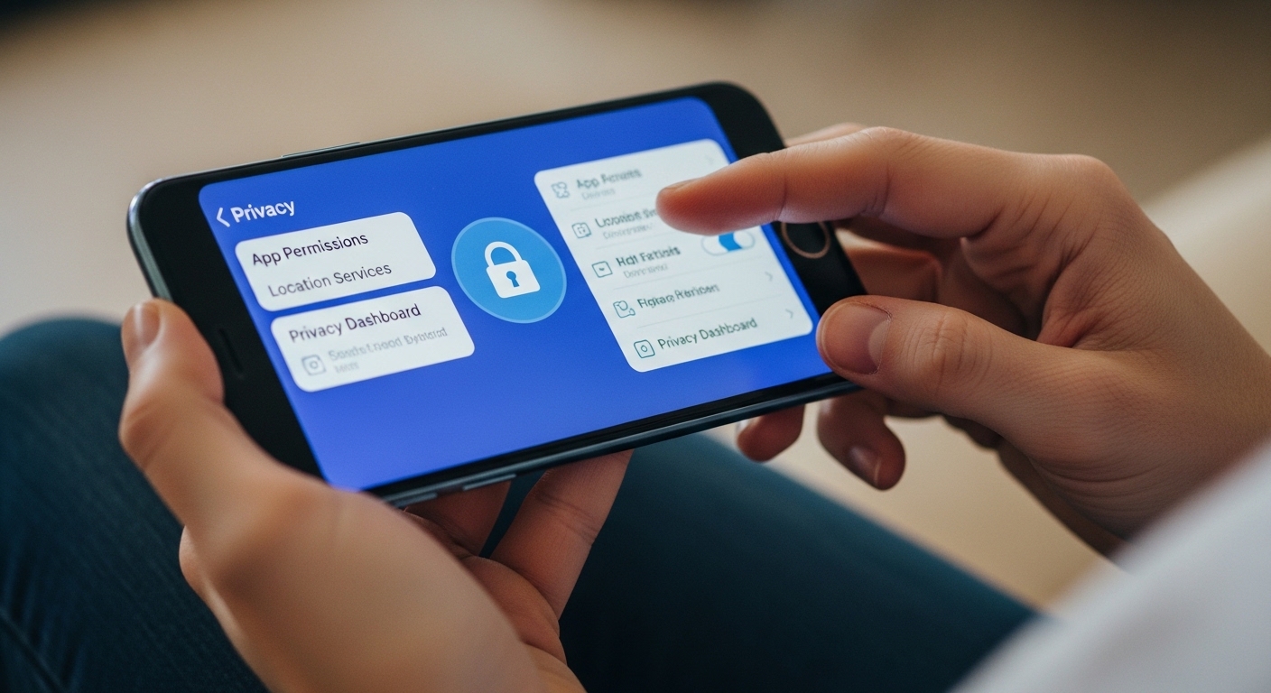 person adjusting privacy settings on smartphone with lock icon visible on screen