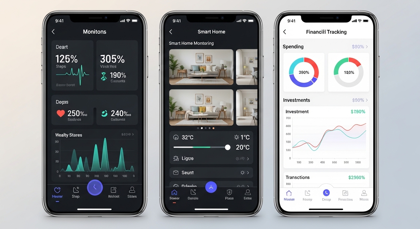 Three smartphones showing different monitoring app interfaces