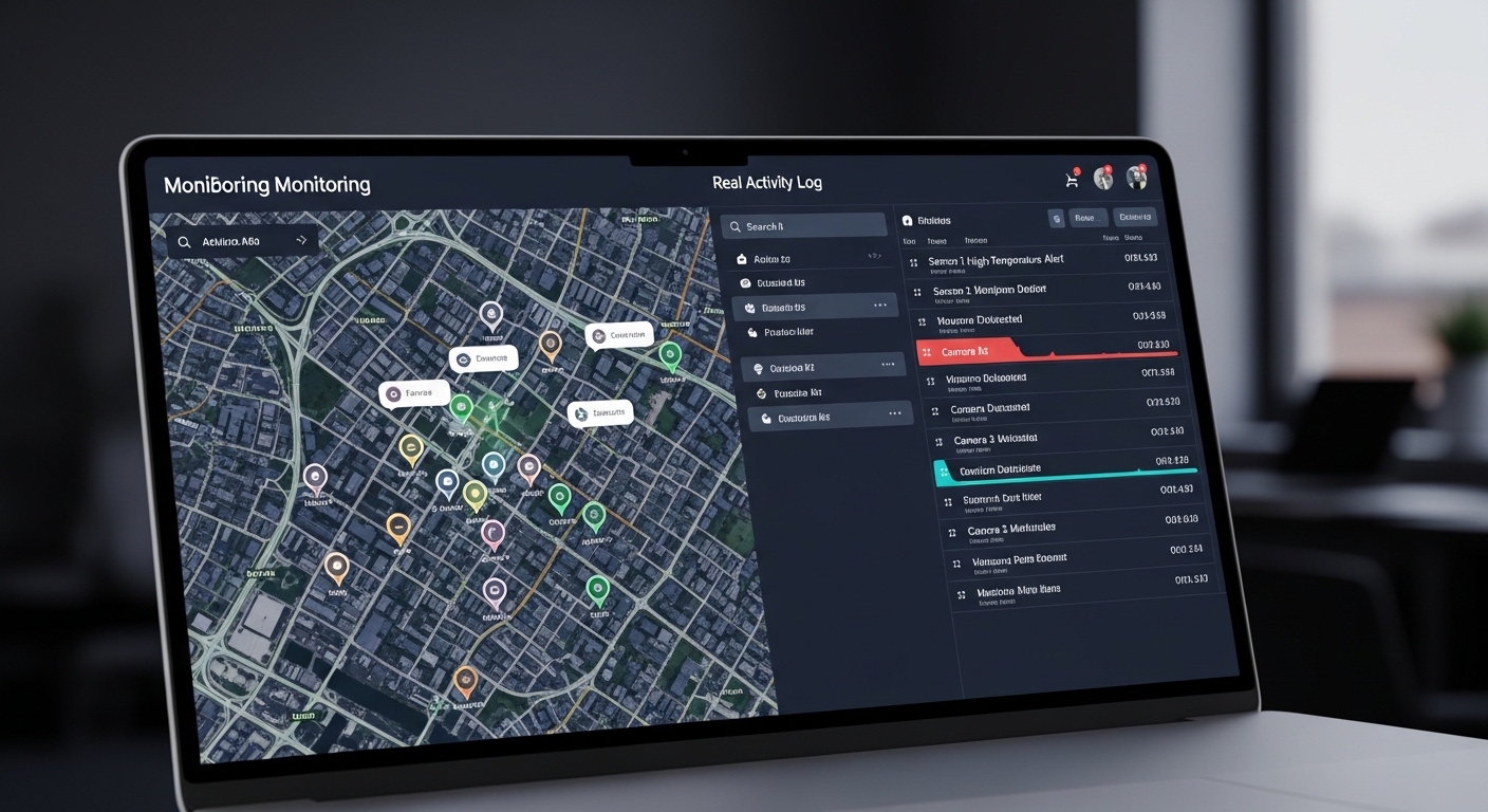 Monitoring dashboard interface showing location map and activity log