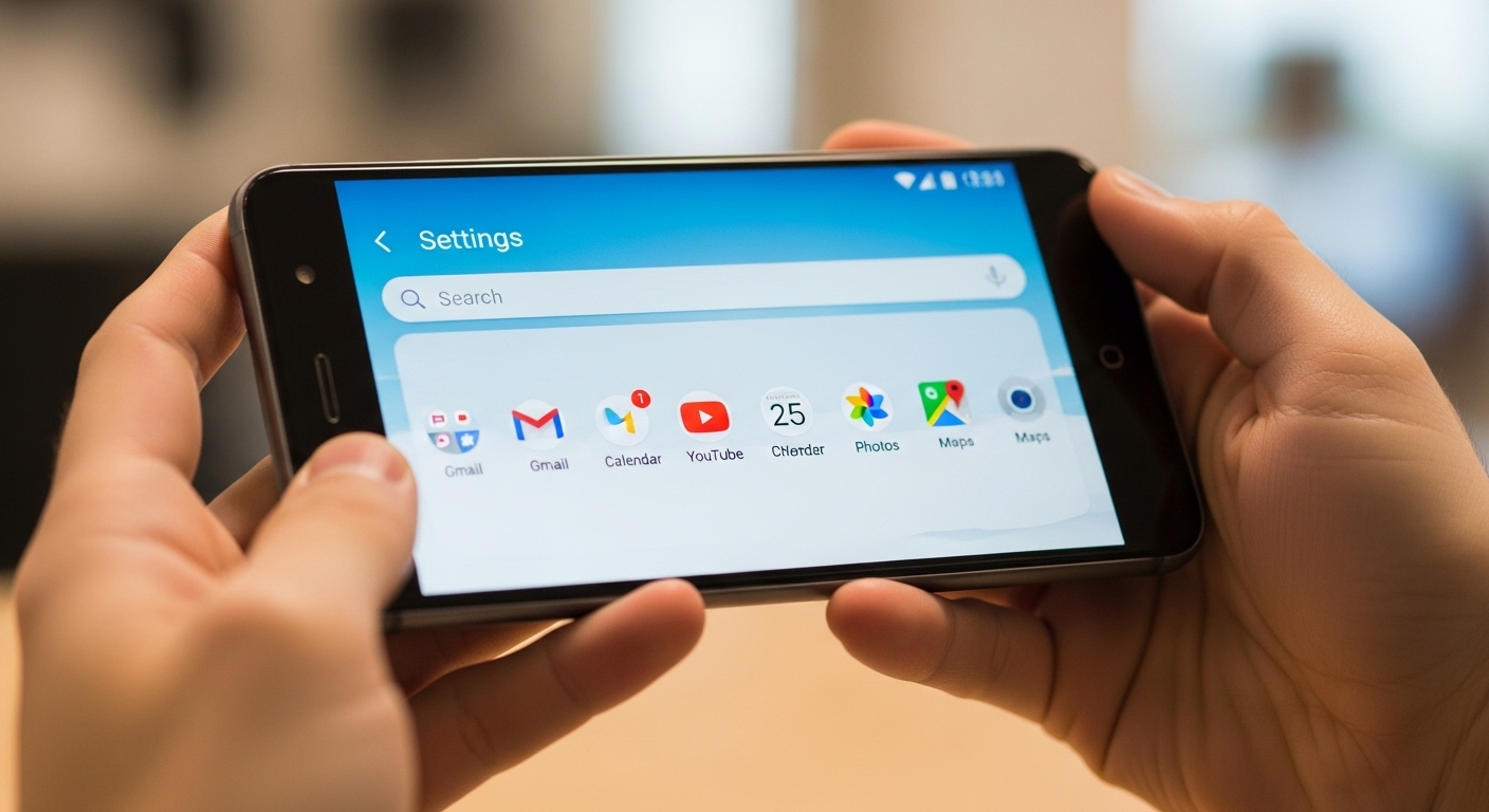 Hands holding Android smartphone with settings menu showing installed apps