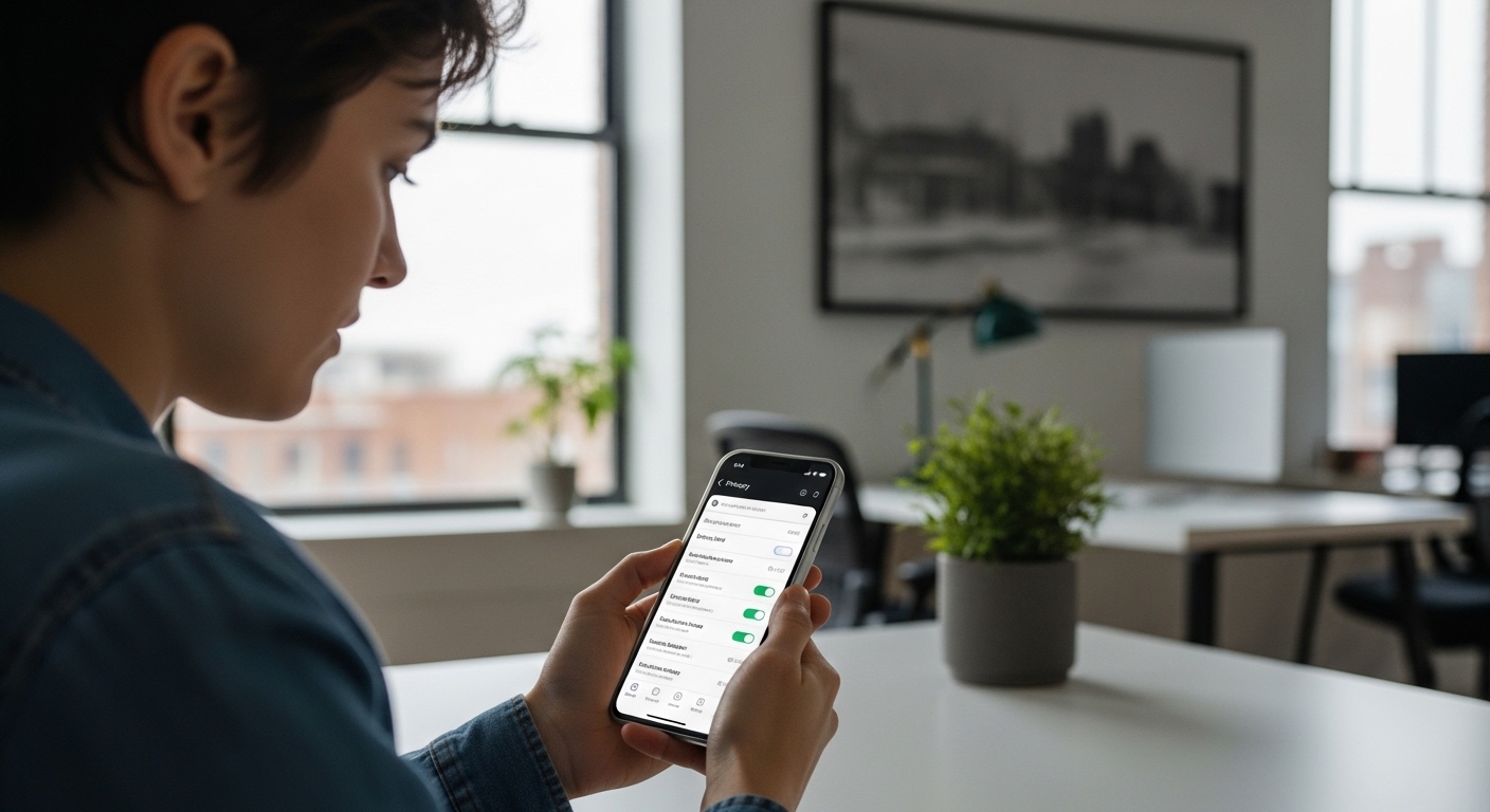 Person examining iPhone privacy settings in office environment