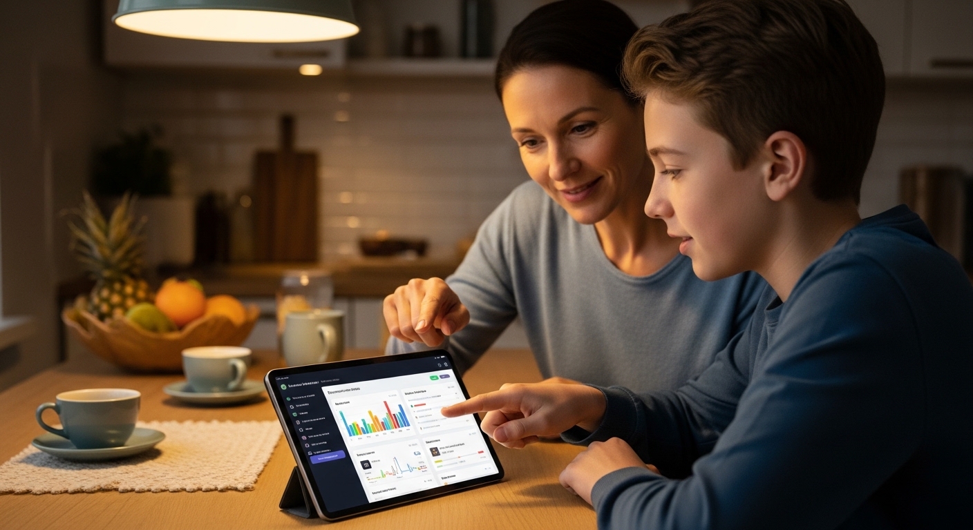 Parent and teenager looking at parental control app dashboard on tablet