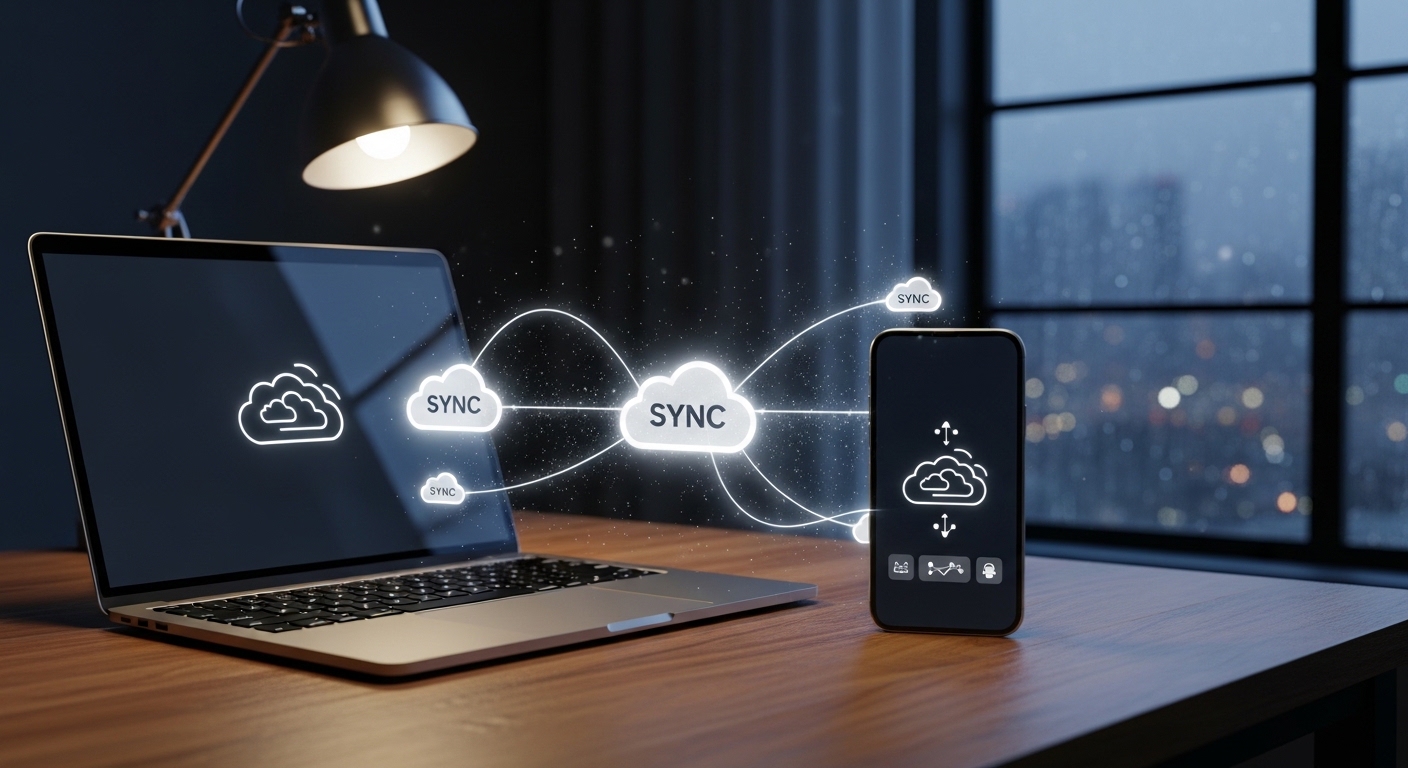 Laptop and smartphone on desk with cloud sync icons symbolizing remote access